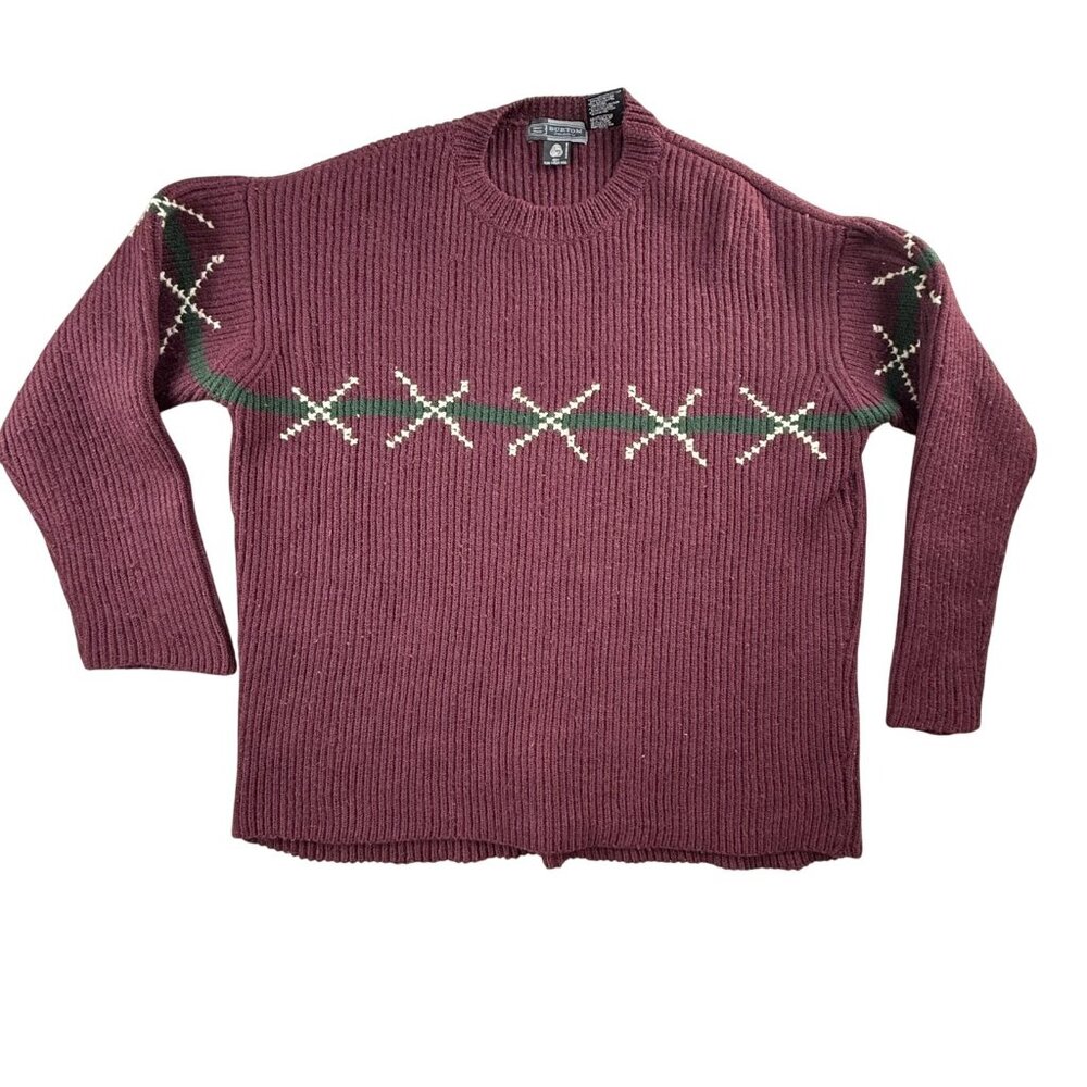 Burton Men's Crewneck Sweater in Burgundy with Green and Cream Accents